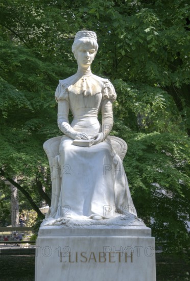 Empress Elisabeth of Austria Monument in white marble on the summer promenade of Merano, South Tyrol, Italy, Europe