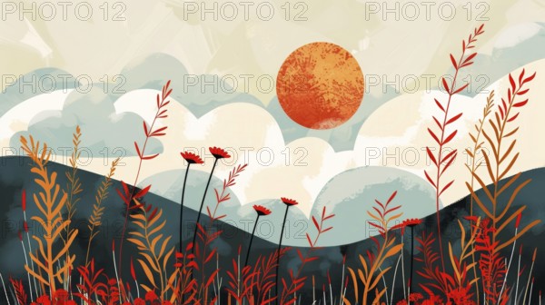 Scenic landscape with sun, clouds, hills, and red-orange plants, creating a peaceful atmosphere, AI generated