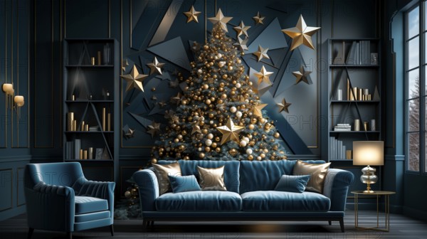 A modern stylish room decorated in the colours gold and turquoise, a Christmas tree in the background, KI generated, AI generated