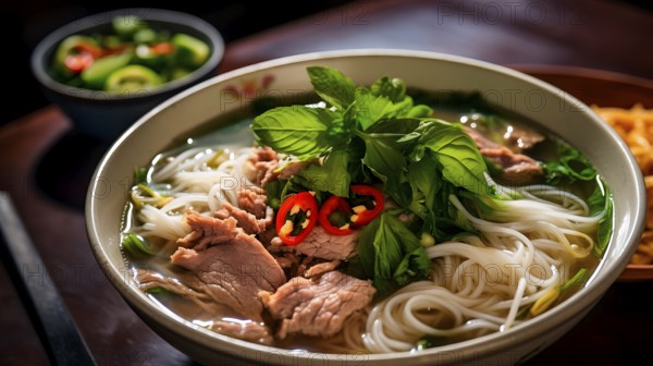 Phó, Vietnamese noodle soup with beef, chilli and basil, KI Generated, AI generated