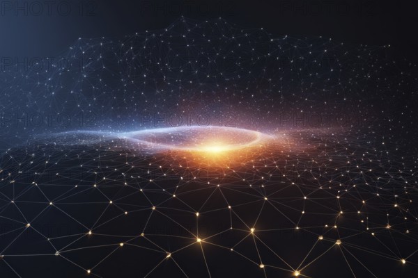 Glowing orange and blue particles form network patterns on a dark background, AI generated