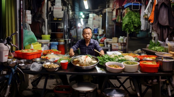 A Vietnamese cook sits in his street kitchen and offers Phó, a Vietnamese noodle soup with beef, chilli and basil, KI generates, AI generated