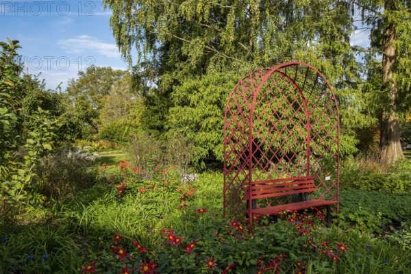 Red bench in the district educational garden, Burgsteinfurt, Münsterland, North Rhine-Westphalia, Germany, Europe