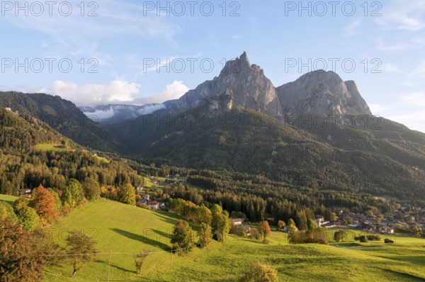 View of mountain range Schlern, Seis, Dolomites, South Tyrol, Italy, Europe