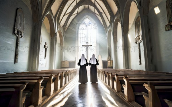 Two Catholic nuns during morning devotions in a chapel flooded with light, KI generated, AI generated