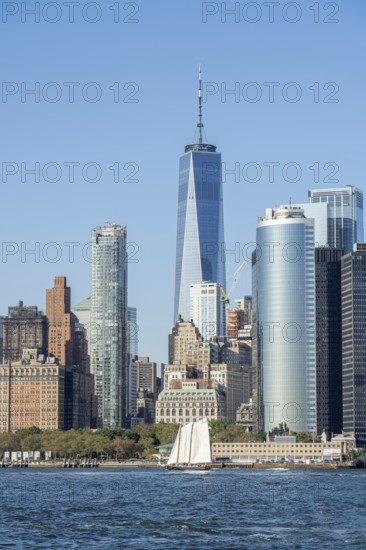 New York, United States of America, September 19, 2019: Sailboat in front of the Lower Manhattan skyline