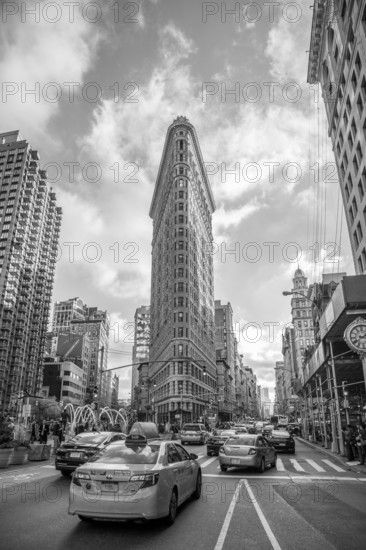 New York, United States of America, November 19, 2016: Exterior view of the famous Flatiron building in black and white