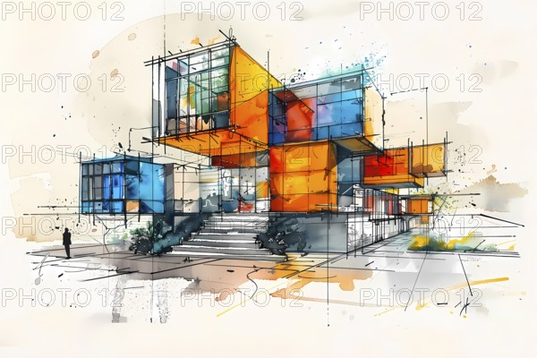 Abstract watercolor sketch of contemporary architecture with bold colors, Bio architecture, Watercolor Aesthetics, AI generated