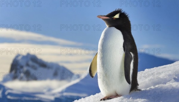 AI generated, animal, animals, bird, birds, biotope, habitat, one, individual, blue sky, winter, ice, snow, foraging, wildlife, summer, seasons, southern rockhopper penguin (Eudyptes chrysocome)