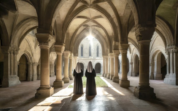 Two Catholic nuns stand devoutly in a convent, KI generated, AI generated