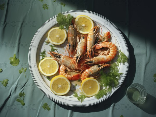 Fresh prawns, served on a plate with lemon and dill, KI generated, AI generated
