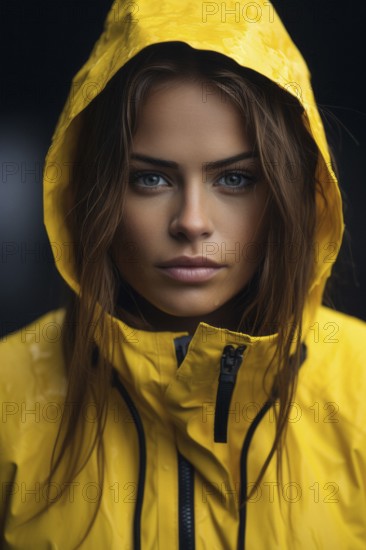 Young woman, dripping wet, brown hair in yellow rain jacket with hood, serious look, rain, Weter, KI generated, AI generated