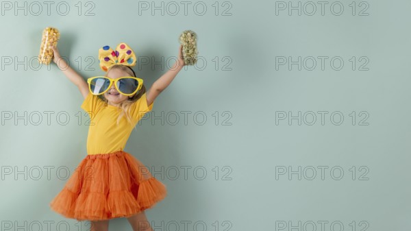 Little girl wearing big sunglasses with copy space. Resolution and high quality beautiful photo