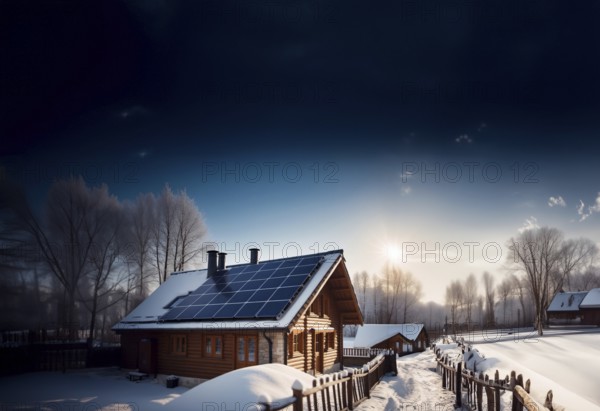 Solar battery on the roof of a village house in winter in nature. autonomous power supply at home, AI generated