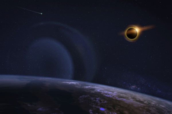 Solar eclipse with orange halo over the planet Earth, on dark starry sky. Elements of this image furnished by NASA