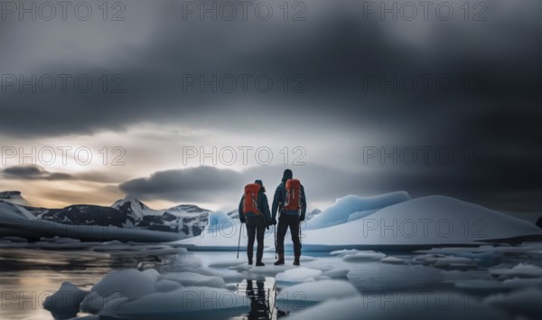 Two travelers with backpacks and winter clothes on an ice floe on a glacier in winter. Couple travels to Antarctica, AI generated