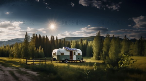 Trailer outdoors in in the forest with a solar panel on the roof. The concept of life outside civilization, AI generated