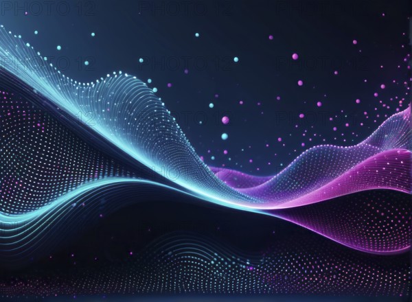 Surreal digital image featuring flowing waves of blue and purple with dot patterns on a dark background, AI generated