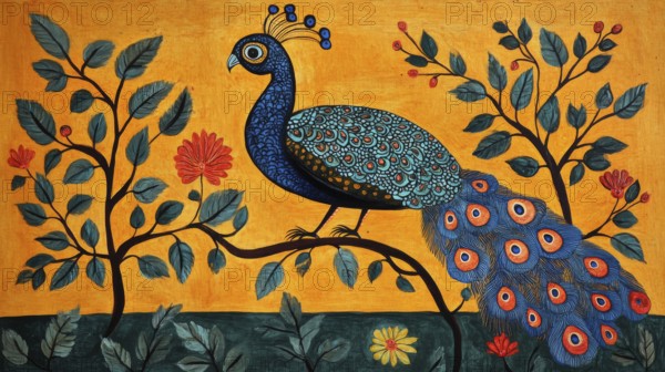 A peacock perched on a branch surrounded by vibrant leaves and flowers with a stunning display of detailed feathers, AI generated