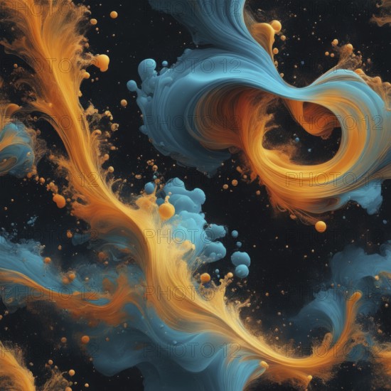 Abstract image featuring swirling patterns of orange and blue against a dark background, AI generated
