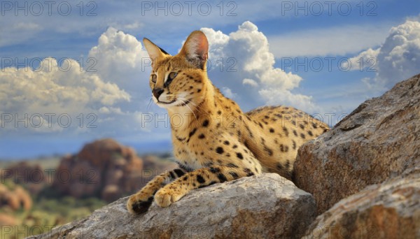AI generated, animal, animals, mammal, mammals, biotope, habitat, one, individual, foraging, wildlife, caracal, caracal (Caracal caracal), lynx, lynxes, resting on rocks