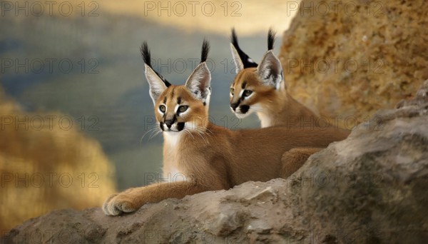 AI generated, animal, animals, mammal, mammals, biotope, habitat, two, female, young, foraging, wildlife, Africa, South Africa, Asia, Central Asia, steppes, cat, cats, predator, caracal, desert lynx, caracal caracal), lie on rocks and watch, Africa