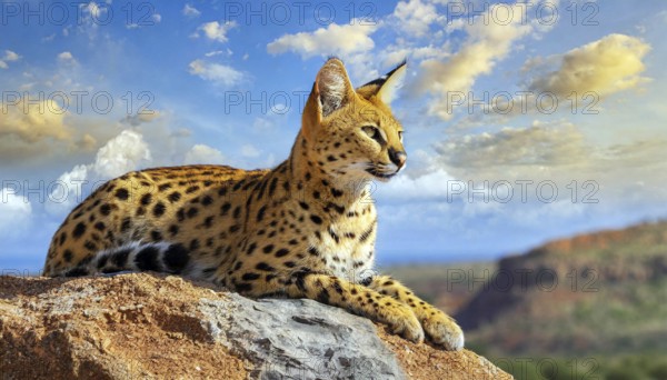 AI generated, animal, animals, mammal, mammals, biotope, habitat, a, individual, foraging, wildlife, caracal, caracal (Caracal caracal), lynx, lynxes, rests on rocks, resting