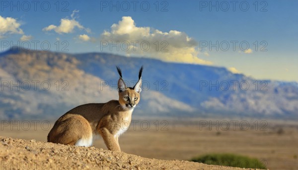 AI generated, animal, animals, mammal, mammals, biotope, habitat, a, individual, foraging, wildlife, Africa, South Africa, Asia, Central Asia, steppes, cat, cats, predator, caracal, desert lynx, caracal caracal), rests, hunts. jumps, Africa