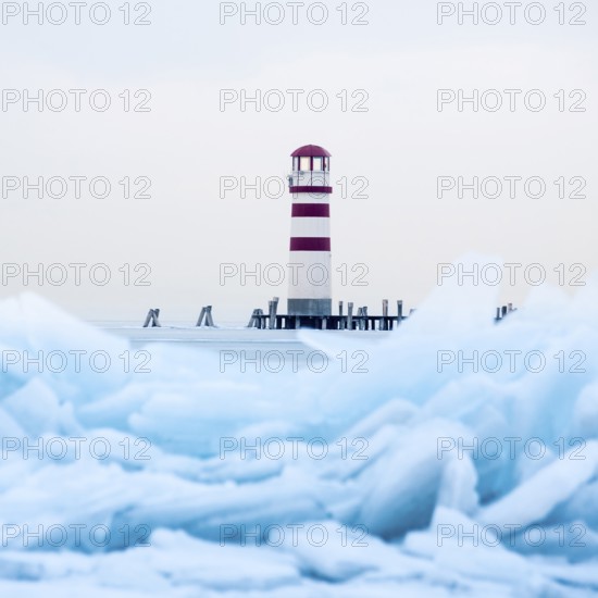 Lighthouse at jetty on the lake in winter