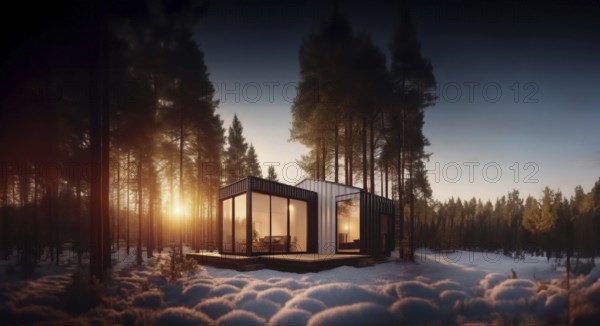 Modular container house with glazing in the forest, secluded compact house, AI generated