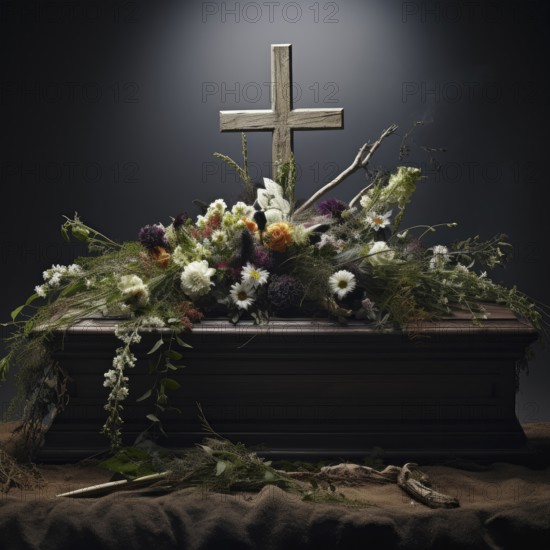 Coffin with cross, atmospherically decorated with flowers, funeral bouquet, KI generated, AI generated