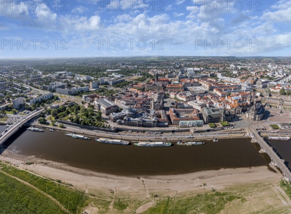 Large panorama drone shot, photo from above, aerial view, historical old town with sights, Neustädter Mart, Church of Our Lady, pier, ships, Elbe, bridges, Dresden, Saxony, Germany, KI generated, completed, AI generated, Europe