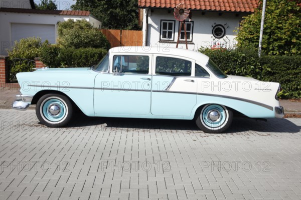 Blue vintage car Chevrolet Bel Air parked on the street, Lower Saxony, Germany, Europe
