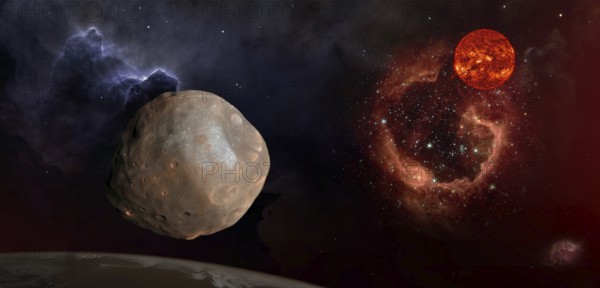 Fantasy composition of Phobos, the satellite of Mars. The old Sun shines over the RCW 79 nebula in the Centaurus constellation. Elements of this image furnished by NASA