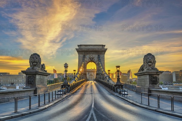 Budapest Hungary, city skyline sunrise at Chain Bridge with famous lion statue