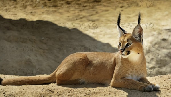 AI generated, animal, animals, mammal, mammals, biotope, habitat, a, individual, foraging, wildlife, Africa, South Africa, Asia, Central Asia, steppes, cat, cats, predator, caracal, desert lynx, caracal caracal), resting, Africa