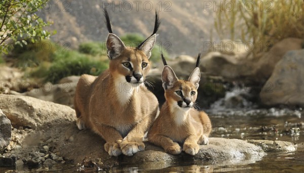 AI generated, animal, animals, mammal, mammals, biotope, habitat, two, female, juvenile, foraging, wildlife, Africa, South Africa, Asia, Central Asia, steppes, lying on rocks, cat, cats, predator, caracal, desert lynx, caracal caracal), rests, hunts. jumps, Africa
