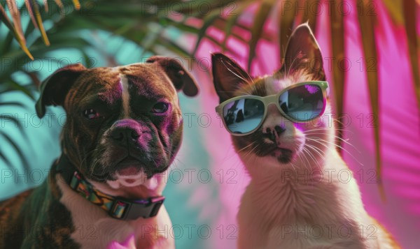 A dog and cat wearing sunglasses together under a tropical palm setting AI generated