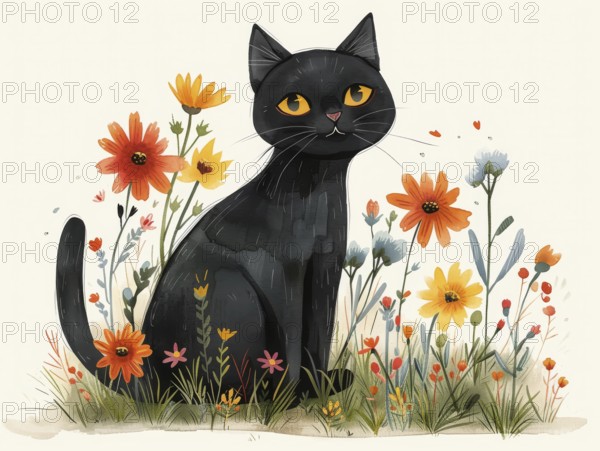 A peaceful black cat surrounded by a colorful array of wildflowers, ai generated, AI generated