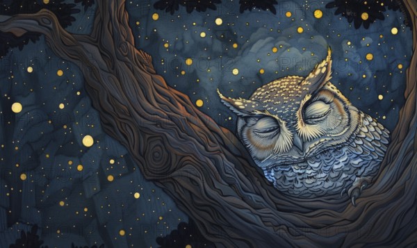 Marker drawing of a sleepy owl nestled in a tree hollow against a backdrop of twinkling stars AI generated
