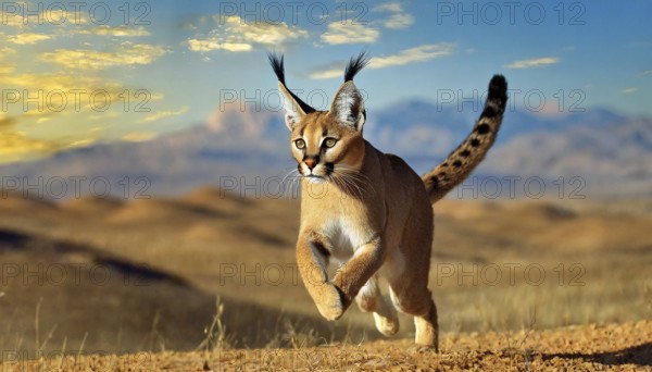AI generated, animal, animals, mammal, mammals, biotope, habitat, one, individual, foraging, wildlife, Africa, South Africa, Asia, Central Asia, steppes, cat, cats, predator, caracal, desert lynx, caracal caracal), joie de vivre, jumps, hunting, Africa
