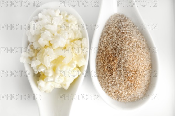 Rice pudding and cinnamon and sugar in serving spoons