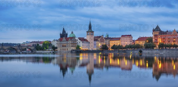 Prague Czech Republic, panorama night city skyline at Charles Bridge and Vltava River, Czechia