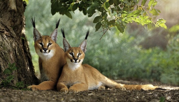AI generated, animal, animals, mammal, mammals, biotope, habitat, two, female, young, foraging, wildlife, Africa, South Africa, Asia, Central Asia, steppes, cat, cats, predator, caracal, desert lynx, caracal caracal), resting under a tree, Africa