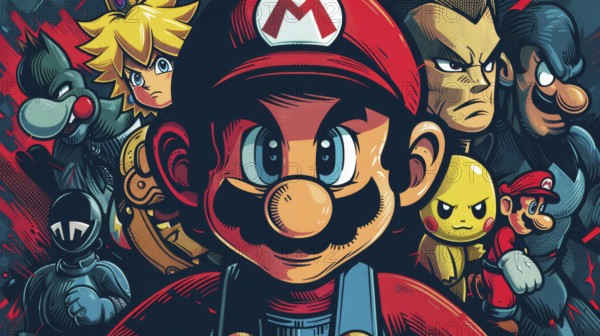 Colorful vector art mash-up of Mario with ninja and various fictional characters, ai generated, AI generated