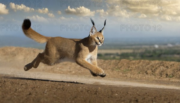 AI generated, animal, animals, mammal, mammals, biotope, habitat, a, individual animal, foraging, wildlife, Africa, South Africa, Asia, Central Asia, steppes, cat, cats, predator, caracal, desert lynx, caracal caracal), hunts. jumps, joie de vivre, Africa