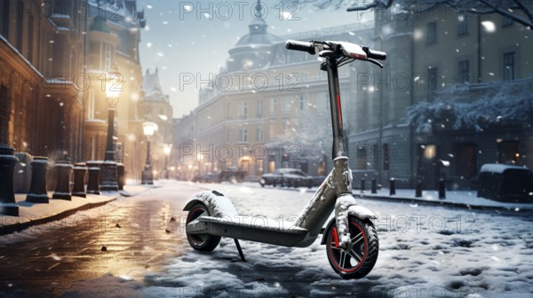 A snow-covered e-scooter stands on an evening, wintry road, KI generated, AI generated