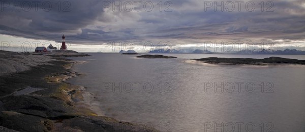 Tranoey Fyr lighthouse, view across the Vestfjord towards the Lofoten, Hamaröy, Hamarøy, Vestfjord, Nordland, Northern Norway, Norway, Europe