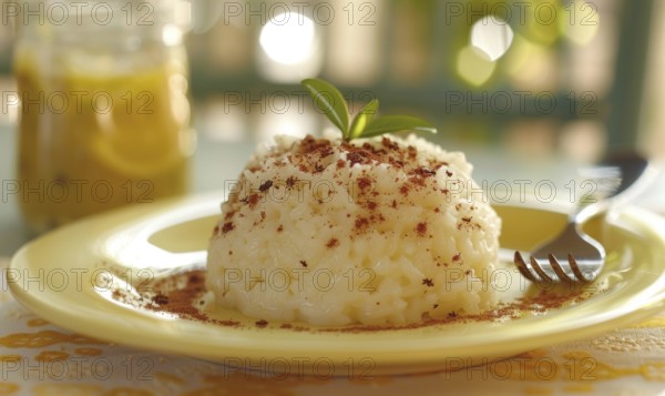 Arroz con leche (rice pudding) with cinnamon on a pastel yellow plate AI generated