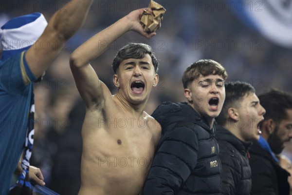 Football match, FC Porto fan on the left cheering with free upper body, on the right two FC Porto fans cheering with FC Porto jackets, football stadium Estadio do Dragao, Porto, Portugal, Europe
